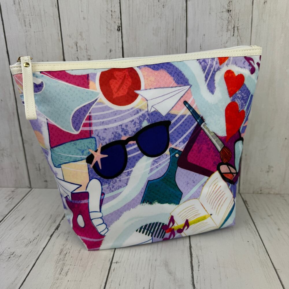 New Dove Colorful Print Sunglasses Sneakers Zip Top Cosmetic Nylon Makeup Bag